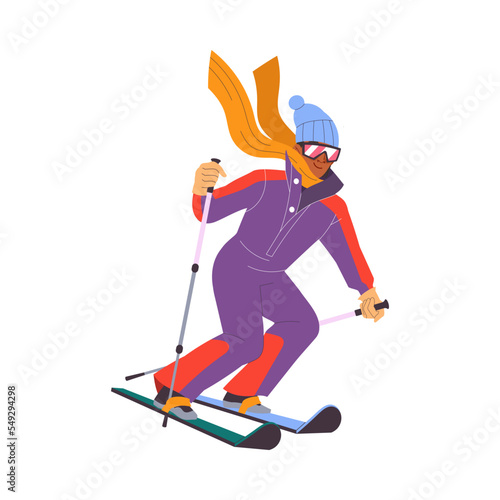 Man Character in Scarf Skiing at Mountain Ski Resort in Winter Season Vector Illustration
