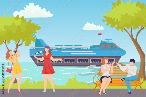 People walk in summer park, vector illustration. Man woman character at city ...