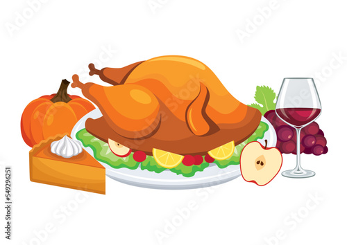 Thanksgiving dinner with roasted turkey still life icon vector. Festive thanksgiving dinner with turkey meat, red wine drink and sweet pumpkin pie icon isolated on a white background