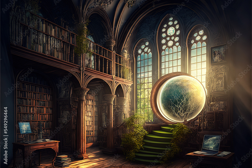Concept art featuring a magical mysterious interior of a house. A