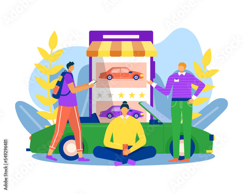 Car rental in smartphone, vector illustration. Man woman people character use phone for vehicle travel, carsharing service application.