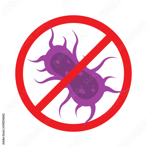 Antibacterial defence icon. Stop bacteria and viruses prohibition sign. Antiseptic. Bacteria in the red crossed-out circle. Vector illustration.