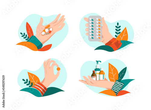 Medical drugs in hand  health care concept vector illustration. Different medicine choice from man woman doctor character. Pharmacy medication