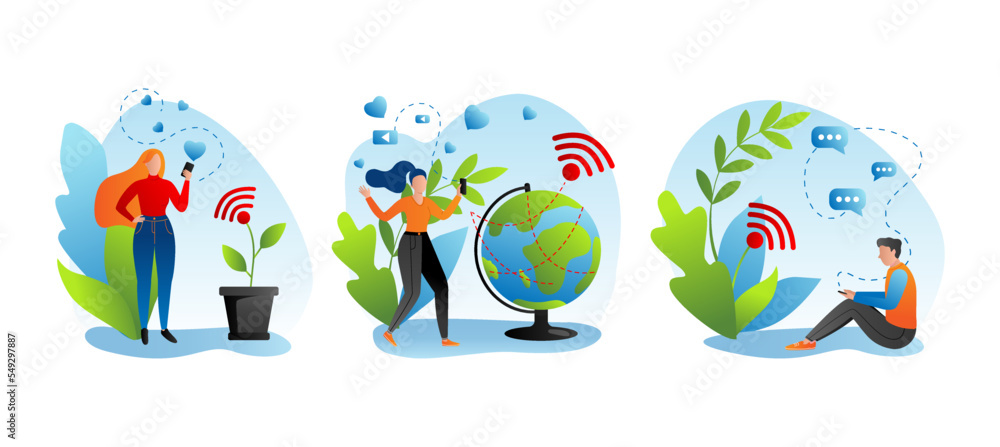 Wifi internet for people concept set, vector illustration. Flat network technology, cartoon online wireless mobile social media. Electronic device