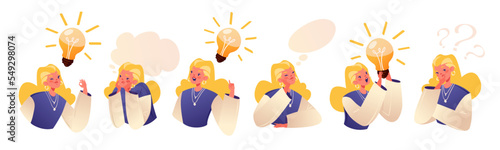 Brainstorming, idea concept. Set of emotional character girl working on brilliant idea, concept of finding solution, thinking, light bulbs as symbol of solutions knowledge, creativity process.