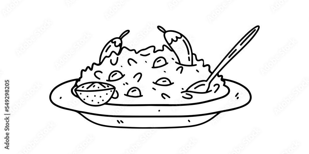 Stewed Beans with Rice in hand drawn doodle style. Traditional Cuban meal. Vector Illustration isolated on white. Stewed Beans with Rice in hand drawn doodle style. Traditional Cuban meal. Vector Illustration isolated on white.