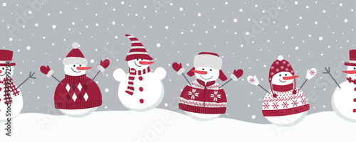 snowmen rejoice in winter holidays. Seamless border. Christmas background. Five different snowmen in red winter clothes under snow. Vector illustration