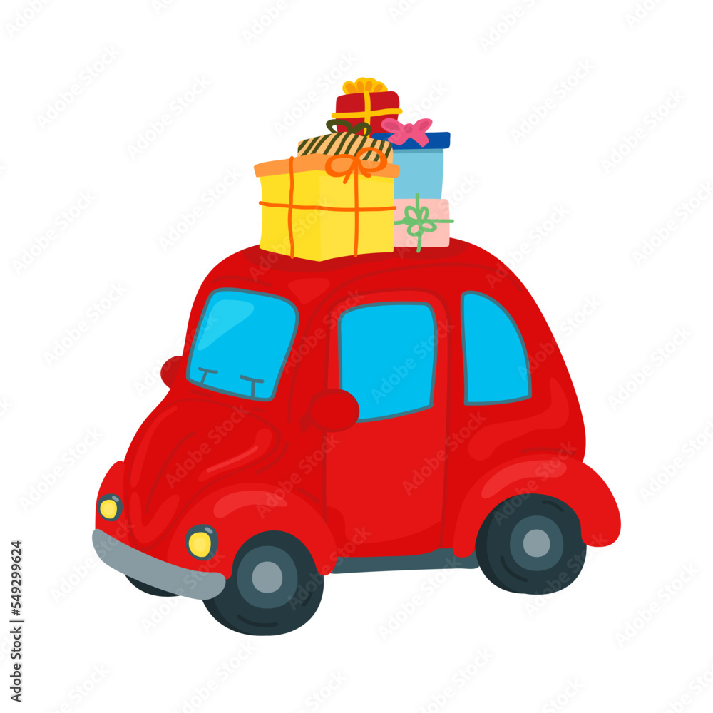 Small car with gifts on the roof isolated on a white background. Small car with gifts on the roof isolated on a white background.
