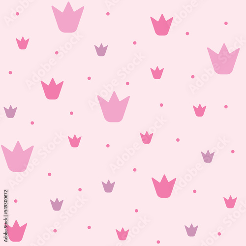 Seamless pattern with doodle crowns. Romantic cute baby print. Little princess design. Pink wallpaper for baby girl. Pink background.