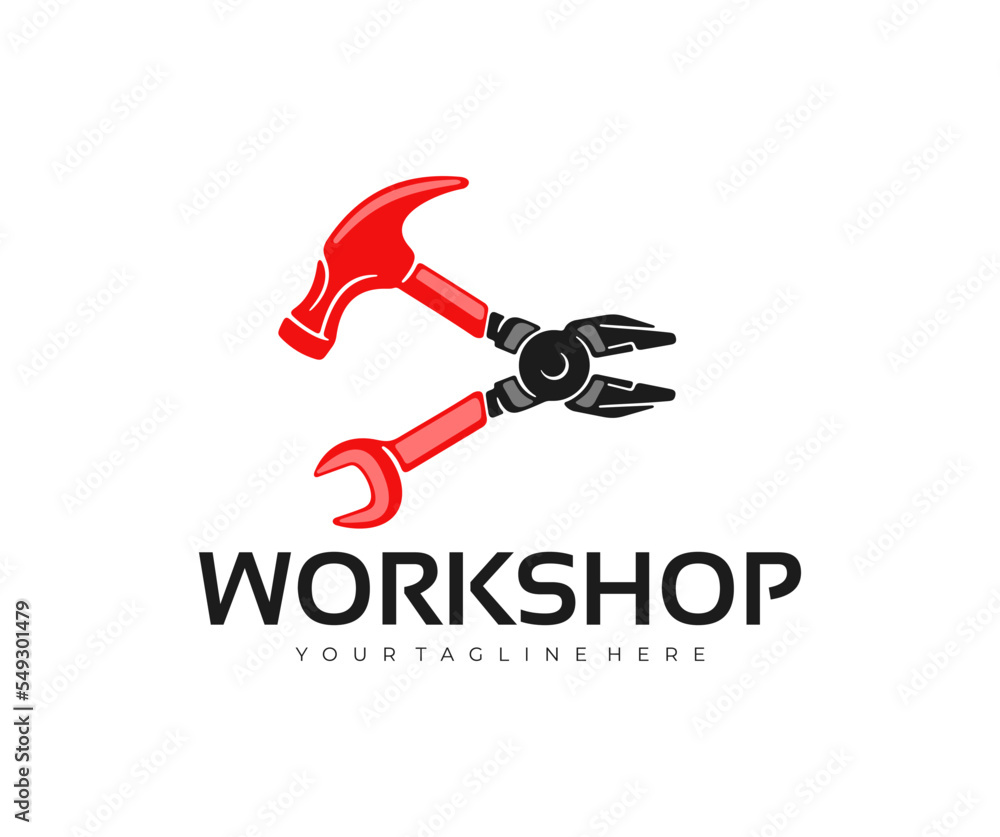 Pliers, hammer, wrench, workshop and auto repair shop, logo design. Repair, repairing, tools and mechanical, vector design and illustration Pliers, hammer, wrench, workshop and auto repair shop, logo design. Repair, repairing, tools and mechanical, vector design and illustration