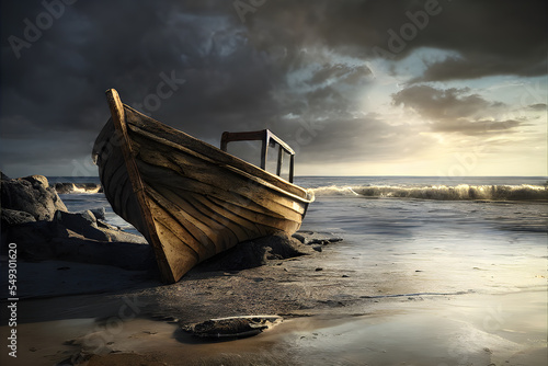 Old wooden boat stranded on  beach, waves, storm clearing sky. Background Illustration, Digital matte painting photo