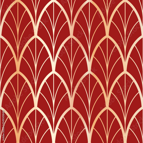 Traditional geometric art deco gold ornament on red background. Vector seamless pattern. Best for textile, home decor, wallpapers, wrapping paper, package and web design.