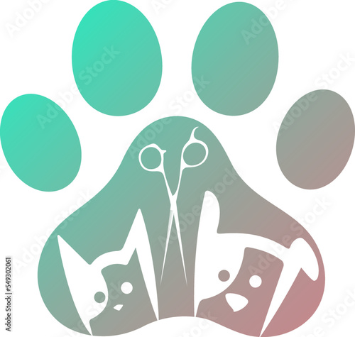 Symbol for grooming salon. Animal footprint and groomer's scissors. Domestic dog and cat silhouette