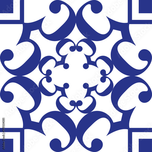 Seamless patchwork tile. Majolica pottery tile. Portuguese and Spain decor. Ceramic tile in talavera style. Vector illustration. Abstract seamless patchwork pattern with geometric and floral ornament