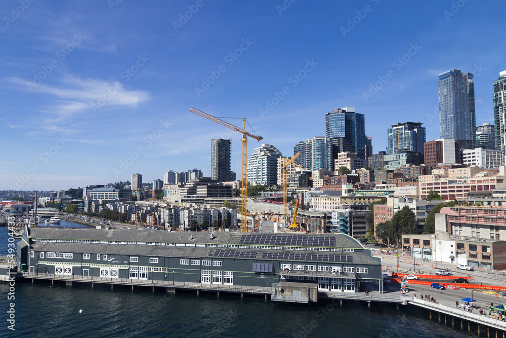 Panoramic view from the interior of the Seattle Great wheel at Pier 57 on Elliott Bay, Seattle, USA.