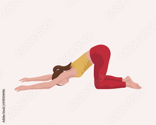 Brown haired girl doing yoga pilates gymnastics sport fitness in yellow t-shirt and red leggings in faceless style on pale white background	