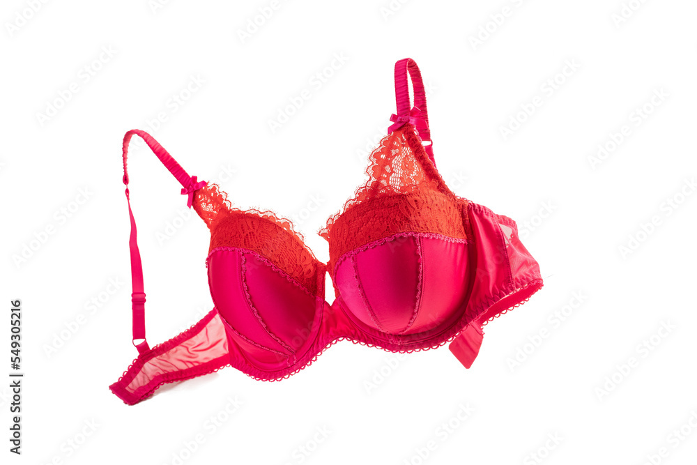 Red women's bra with lace. Beautiful sexy holiday item of underwear Isolated on a white background. Copyspace Red women's bra with lace. Beautiful sexy holiday item of underwear Isolated on a white background. Copyspace