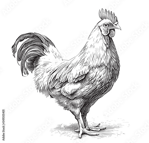 Hen chicken standing engraved hand drawn sketch Vector illustration.