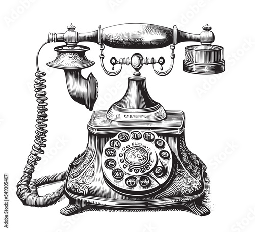 Retro telephone engraved hand drawn sketch Vector illustration