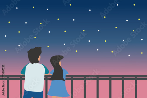 Vector background of joyful cute lovely couple in love date and watch see night sky view star together. Couple in love happy concept , love travel together valentine day online shopping winter sale.