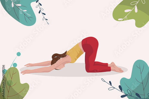 Brown haired girl doing yoga pilates gymnastics sport in yellow t-shirt and red leggings in faceless style on pale yellow background with blue green big leaves and flowers in the corners	