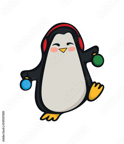 Cute penguin with Christmas balls in paws. Vector illustration. Design element isolated on white background. Image of penguin for design of posters menu brochure sites