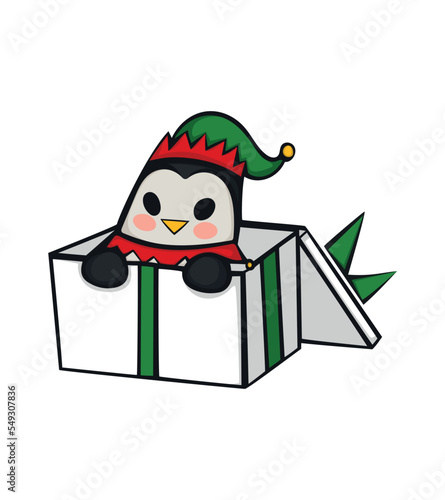 Concept of New Year image of penguin. Design element. Vector illustration. Penguin in New Years hat sits in gift box