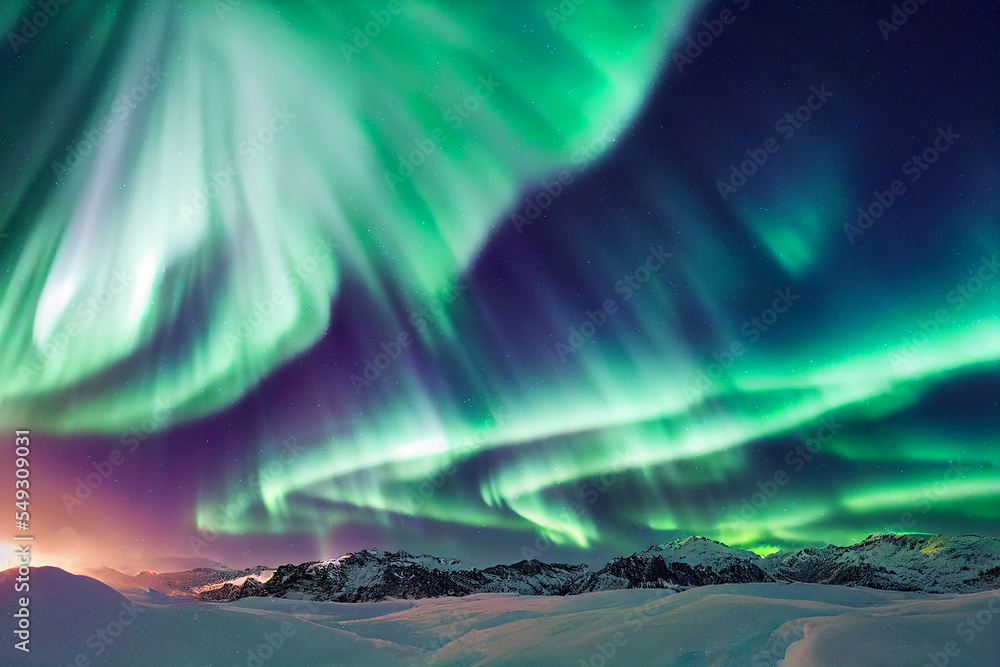 Northern Lights over lake. Aurora borealis with starry in the night sky. Fantastic Winter Epic Magical Landscape of snowy Mountains.