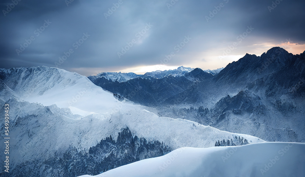 Fantastic Winter Epic Landscape of Mountains. Frozen nature. Glacier in the mountains. Mystic Valley