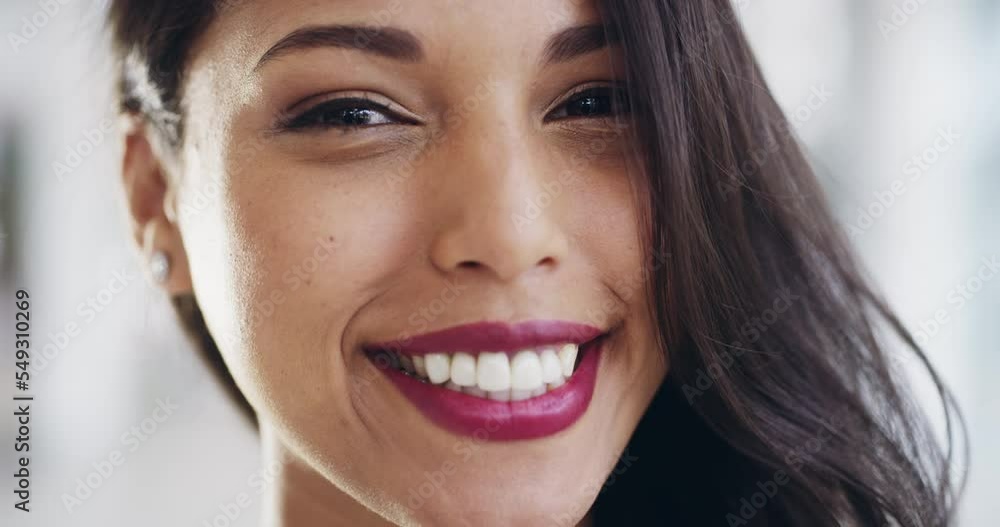 Woman, smile and portrait of a employee from India with happiness and healthy teeth. Happy Indian female face showing mouth hygiene, health and wellness closeup with makeup and cosmetic beauty Woman, smile and portrait of a employee from India with happiness and healthy teeth. Happy Indian female face showing mouth hygiene, health and wellness closeup with makeup and cosmetic beauty
