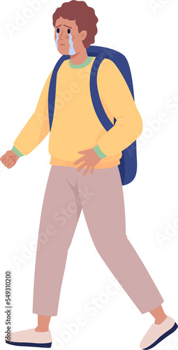 Refugee boy looking for help and asylum semi flat color vector character. Sobbing figure. Full body person on white. Simple cartoon style illustration for web graphic design and animation