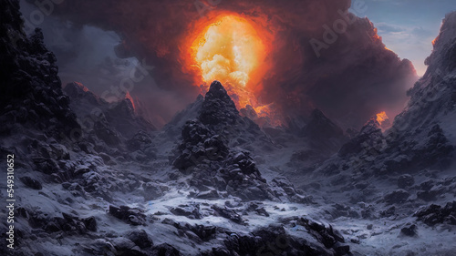 Unreal fantasy mountain landscape with volcanic eruption. Gloomy night sky, bright flashes of fiery lava and explosion.
