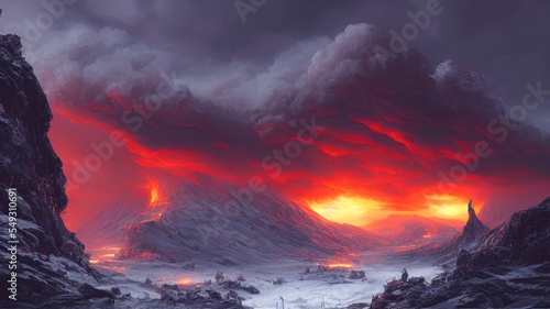 Unreal fantasy mountain landscape with volcanic eruption. Gloomy night sky, bright flashes of fiery lava and explosion.