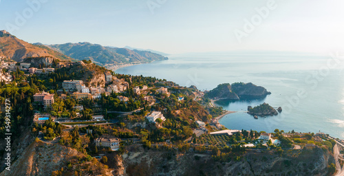 Fototapeta Naklejka Na Ścianę i Meble -  Panoramic aerial view of Isola Bella island and beach in Taormina. Giardini-Naxos bay, Ionian sea coast, Taormina, Sicily, Italy