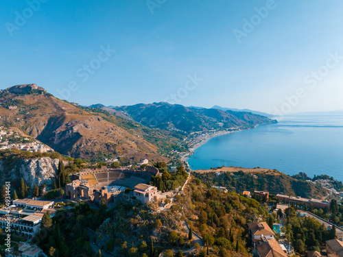 Beautiful aerial view of the Taormina town in Sicily, Italy. One of the most beautiful towns in Italy.