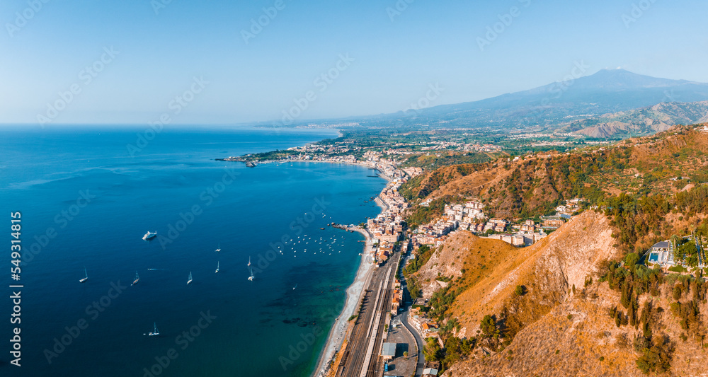 Beautiful aerial view of the Taormina town in Sicily, Italy. One of the most beautiful towns in Italy.