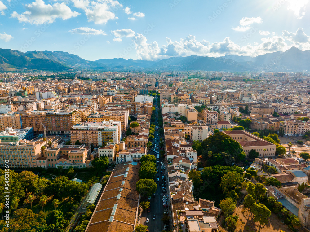 Aerial panoramic view of Palermo town in Sicily. Italy near the Mondello white sand beach in and beautiful lagoon.