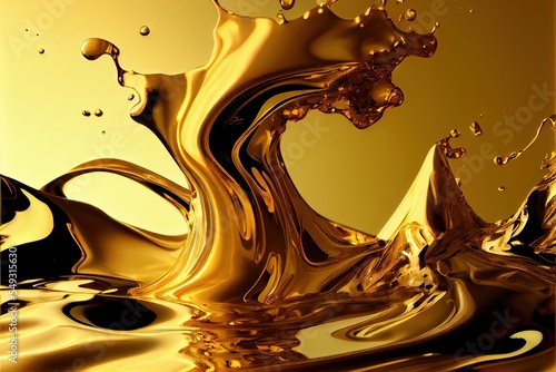 Computer-generated image of flowing liquid metal 24k gold. Golden liquid in 24 karats with a splashy, clean design photo