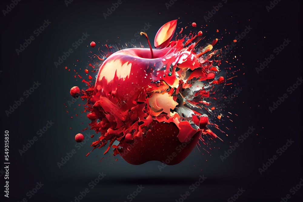 Computergenerated image of exploding apple. Photorealism and 3D