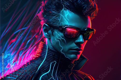Computer-generated image of a computer hacker. Cyberpunk setting with technology in the background. This is a fictional character generated by AI for hackers and cybercriminals