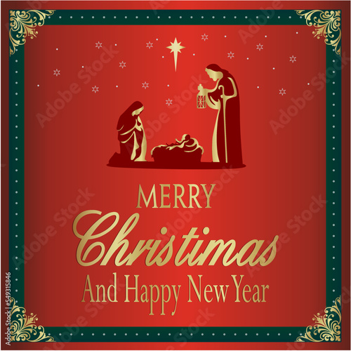 christmas nativity scene and merry christmas greeting card