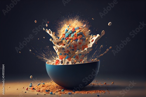 Computer-generated image of exploding bowl of cereal. Photorealism and 3D shading to create a busy action-shot with your favorite foods going boom