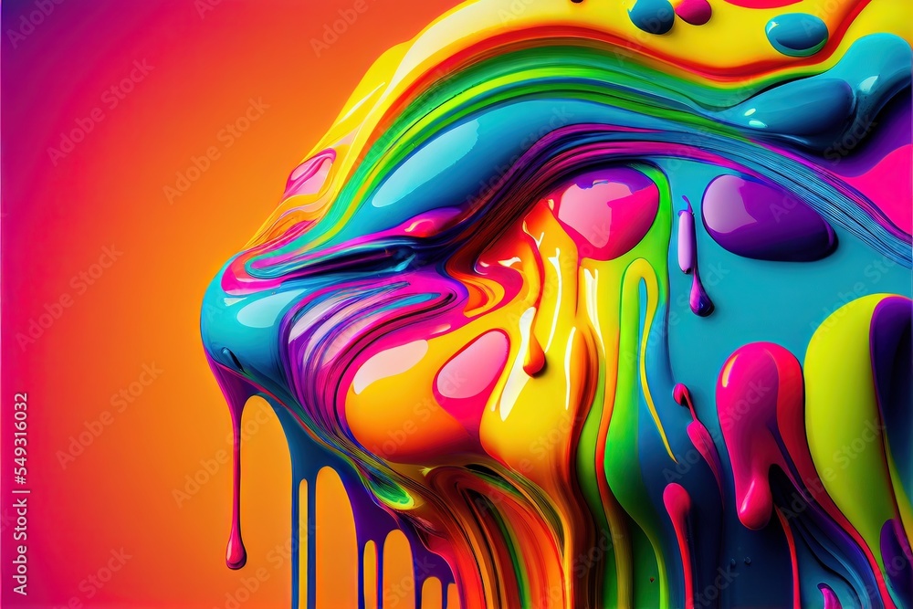 Naklejka premium Computer-generated image of a colorful rainbow-colored liquid splashing and dripping for an abstract wallpaper background. Bright and polychromatic rainbow to celebrate LGBTQIA+ representation