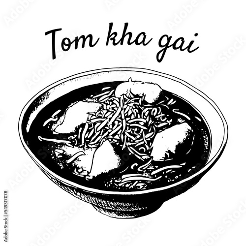 Tom Kha Gai, thai food. Chicken coconut soup. Hand drawn vector illustration