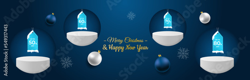 Christmas sale podim set with discount icon. Christmas background with cylindrical podium for promotions. Winter Product podium on the background of drifts, snowflakes and snow. Vector illustration