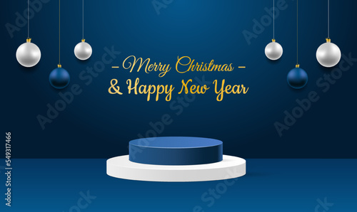 New year 3d realistic podium on blue with realistic toy background. Merry Chrastmas and Happy New Year concept. Vector illustration concept