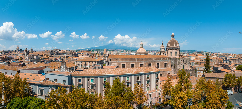 Aerial view on via Etnea in Catania. Dome of Catania and the main street with the background of volcano Etna, Sicily, Italy. Catania the UNESCO World Heritage.