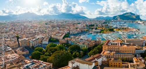 Fototapeta Naklejka Na Ścianę i Meble -  Aerial panoramic view of Palermo town in Sicily. Italy near the Mondello white sand beach in and beautiful lagoon.