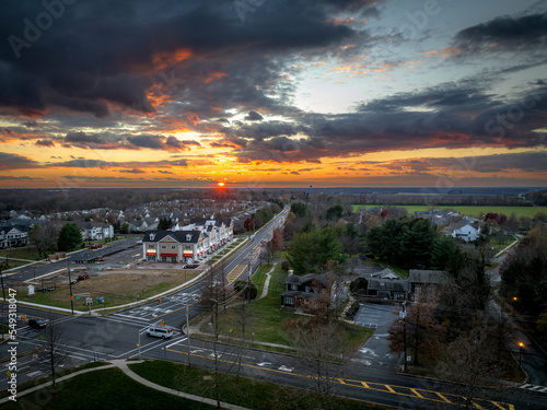 Aerial Drone Sunset in Cranbury New Jersey 