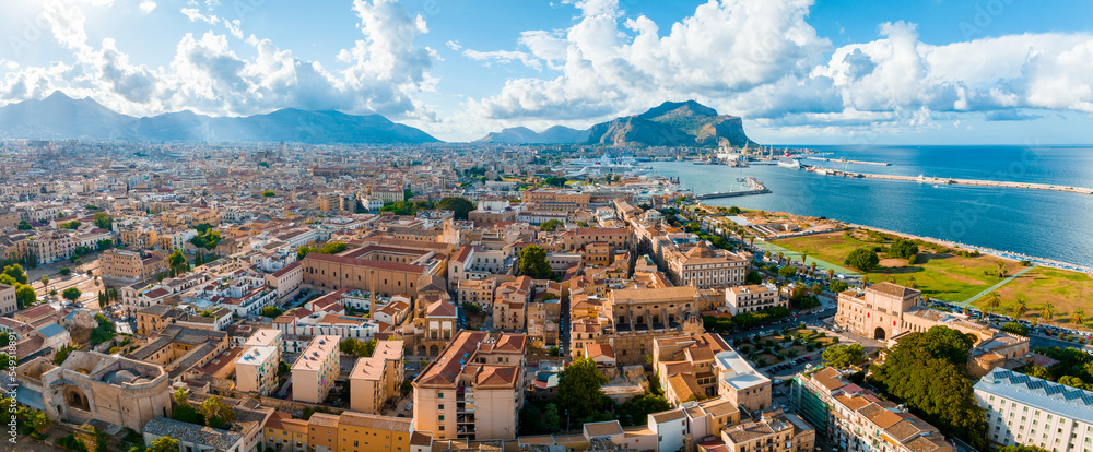 Aerial panoramic view of Palermo town in Sicily. Italy near the Mondello white sand beach in and beautiful lagoon.